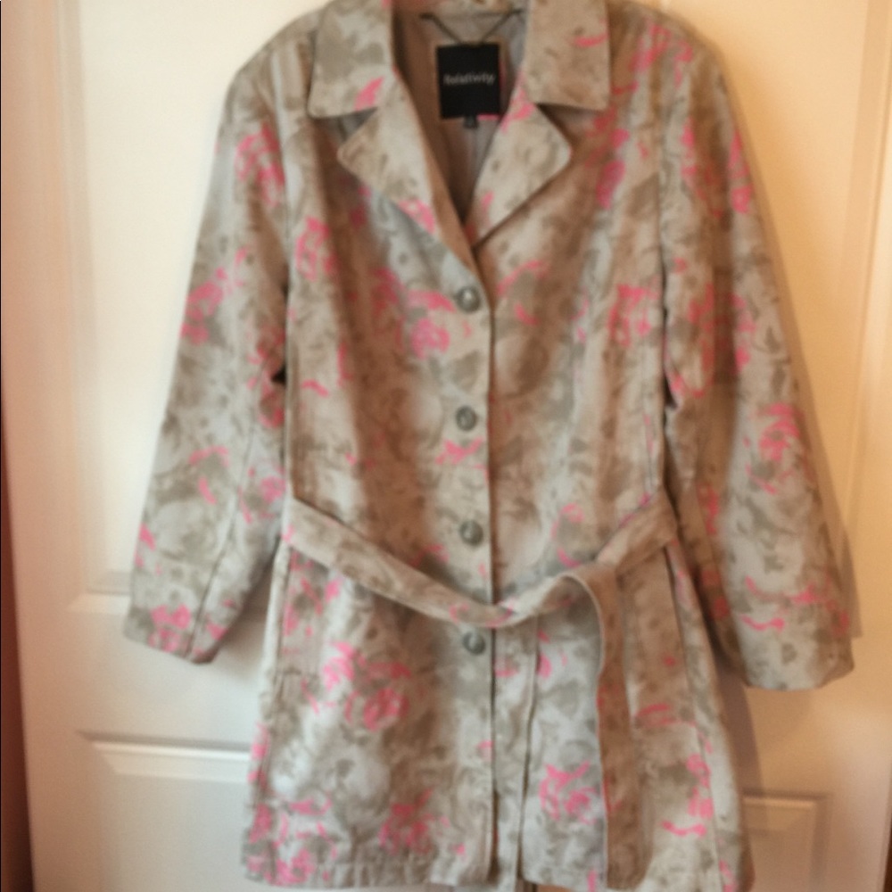 Trench coat with gray and pink multi color